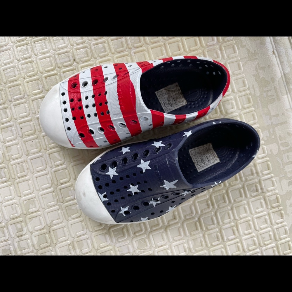 Natives toddler shoes for summer/ outdoors. Patriotic American flag. C8.